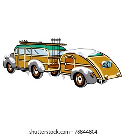 Vintage Or Retro Style Woody Station Wagon With Skis On Top Pulling A Trailer As If Heading Out For A Ski Vacation Or Camping Trip.