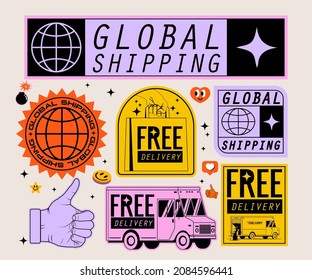 Vintage retro styled delivery and shipping stickers or badges or labels set. Vector illustration