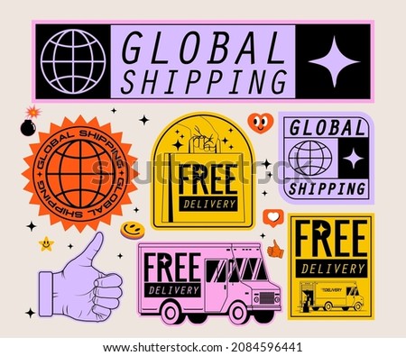 Vintage retro styled delivery and shipping stickers or badges or labels set. Vector illustration