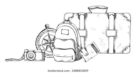 Vintage retro suitcases, backpack baggage luggage, navigation compass, old photo camera. Vector ink hand drawn retro illustration. For tourism, travel, brochure, wedding, guide, print, card tattoo.