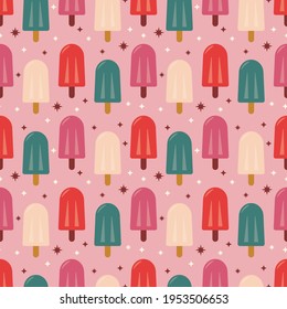 Vintage, retro, summer ice pop, ice block, popsicle design. Colourful, bold, cool, fun, art with red, pink, cream and teal graphics. Seamless vector illustration repeat pattern background texture