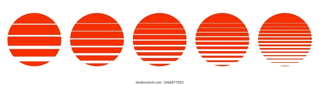 Vintage retro sun circle set, sun in retro 80s and 90s style, sunset sunrise isolated - vector