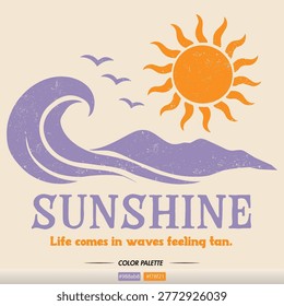 Vintage Retro Sun and Wave Vector Illustration with Stipple Effect, Summer Surf Design with Mountains and Birds for T-shirt Print and Poster, Distressed Sunshine Typography Graphic Art