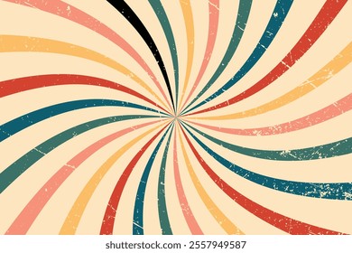 Vintage retro sunburst background 70's 80's abstract background, Retro vintage spiral wavy rays sunburst background pattern radial spiral stripes burst comic beam lines grunge texture circus carnival