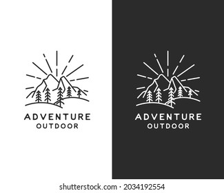 Vintage Retro Sunrise Mountain Forest Nature Emblem, Hipster Pine Evergreen Tree logo design for Outdoor Adventure Club