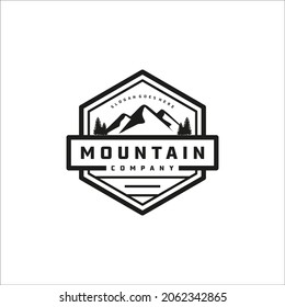 Vintage Retro Sunrise Mountain Forest Nature Emblem, Hipster Pine Evergreen Tree logo design for Outdoor Adventure Club