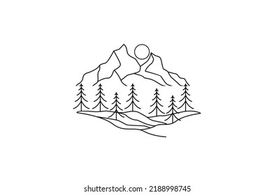 Vintage Retro Sunrise Mountain Forest Nature Emblem, Hipster Pine Evergreen Tree logo design for Outdoor Adventure Club