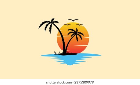 Vintage Retro sunset beach side Palm tree water reflection vector illustration.