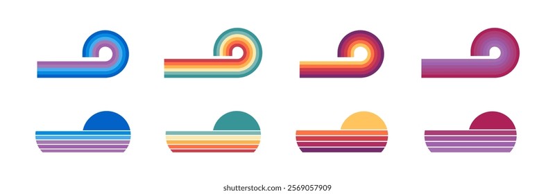 Vintage retro sunset elements. Abstract retro ocean sunset. Sun 80s in retro style. Retro sunset. Vintage sunset