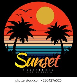 Vintage retro sunset logo badges for t-shirts and other print production. California 70s-style concept. Graphic vector flat design style.