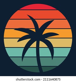 Vintage retro sunset striped circle with tropical palms silhoettes. 