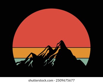 Vintage retro sunset striped circle with mountain silhouettes. mountain with sunset t shirt design black background