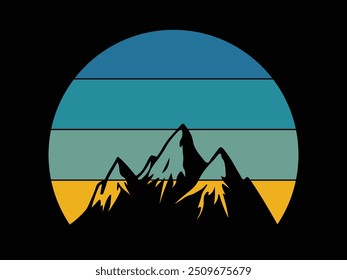 Vintage retro sunset striped circle with mountain silhouettes. mountain with sunset t shirt design black background