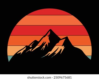 Vintage retro sunset striped circle with mountain silhouettes. mountain with sunset t shirt design black background