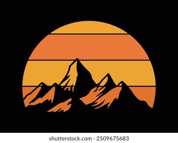 Vintage retro sunset striped circle with mountain silhouettes. mountain with sunset t shirt design black background