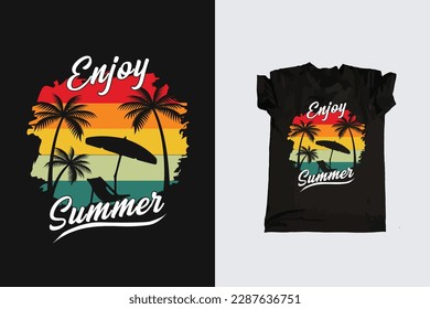 
Vintage Retro sunset summer beach t-shirt design for summer vibes only, California beach enjoy summer with palm trees Deckchair umbrella t-shirt graphics  banner, poster, flyer vector illustration  
