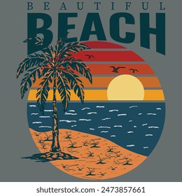 Vintage Retro sunset summer beach t-shirt design for summer vibes only, California beach enjoy summer with palm trees Deckchair umbrella t-shirt graphics vector illustration