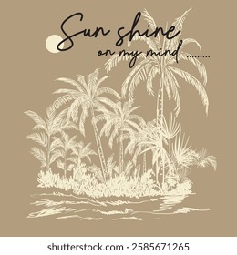 Vintage Retro sunset or sunrise palm tree summer beach t shirt print design, slogan print for sunshine state of mind text artwork, surfing with big wave,