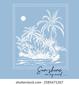 Vintage Retro sunset or sunrise palm tree summer beach t shirt print design, slogan print for sunshine state of mind text artwork, surfing with big wave,