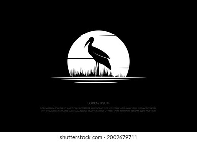 Vintage Retro Sunset Sunrise with Stork Heron Egret Ibis Flamingo Logo Design Vector