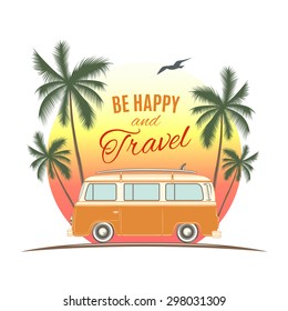 Vintage, retro surf van with palms, sun and a gull. Handdrawn t-shirt graphics, print. Vector illustration.
