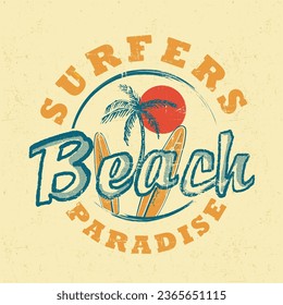 vintage retro surfers beach paradise in vector graphic tee design,  summer beach sunshine vector print design artwork, take me to the sunshine, Beach Paradise Print T-shirt Graphics Design, typography