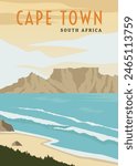 Vintage retro table mountain on cape town beach poster design illustration, seascape beach poster in south africa