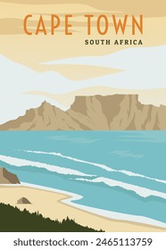 Vintage retro table mountain on cape town beach poster design illustration, seascape beach poster in south africa