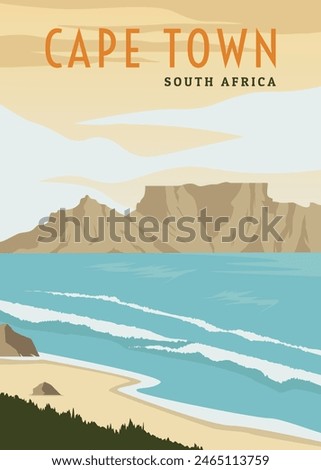 Vintage retro table mountain on cape town beach poster design illustration, seascape beach poster in south africa