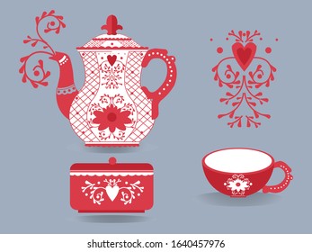 Vintage retro Tea set concept design. A Cup of tea, teapot and tea box with  decorative floral line elements. Vector illustration art