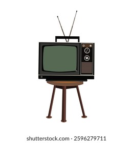 Vintage retro television with antenna on wooden stand, old classic tv isolated on white