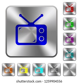 Vintage retro television engraved icons on rounded square glossy steel buttons