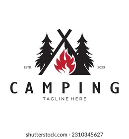 vintage and retro tent logo, camping. With tent, tree and bonfire sign. adventurers, scouts, climbers, camping equipment center