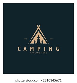 vintage and retro tent logo, camping. With tent, tree and bonfire sign. adventurers, scouts, climbers, camping equipment center