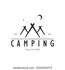 vintage and retro tent logo, camping. With tent, tree and bonfire sign. adventurers, scouts, climbers, camping equipment center