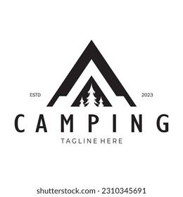 vintage and retro tent logo, camping. With tent, tree and bonfire sign. adventurers, scouts, climbers, camping equipment center