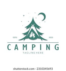 vintage and retro tent logo, camping. With tent, tree and bonfire sign. adventurers, scouts, climbers, camping equipment center