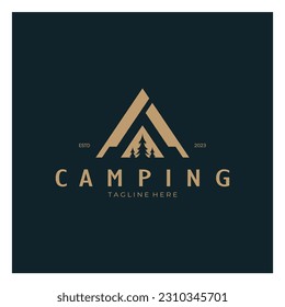 vintage and retro tent logo, camping. With tent, tree and bonfire sign. adventurers, scouts, climbers, camping equipment center