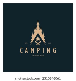 vintage and retro tent logo, camping. With tent, tree and bonfire sign. adventurers, scouts, climbers, camping equipment center
