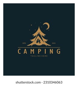 vintage and retro tent logo, camping. With tent, tree and bonfire sign. adventurers, scouts, climbers, camping equipment center