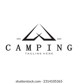 vintage and retro tent logo, camping. With tent, tree and bonfire sign. adventurers, scouts, climbers, camping equipment center