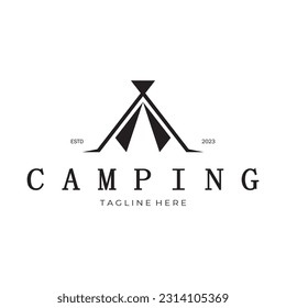 vintage and retro tent logo, camping. With tent, tree and bonfire sign. adventurers, scouts, climbers, camping equipment center