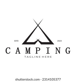 vintage and retro tent logo, camping. With tent, tree and bonfire sign. adventurers, scouts, climbers, camping equipment center