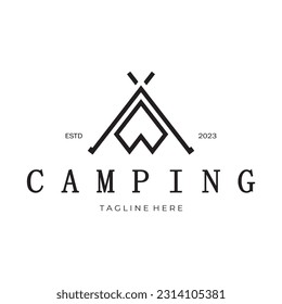 vintage and retro tent logo, camping. With tent, tree and bonfire sign. adventurers, scouts, climbers, camping equipment center