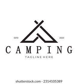 vintage and retro tent logo, camping. With tent, tree and bonfire sign. adventurers, scouts, climbers, camping equipment center