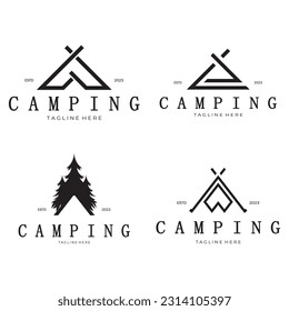 vintage and retro tent logo, camping. With tent, tree and bonfire sign. adventurers, scouts, climbers, camping equipment center