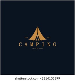 vintage and retro tent logo, camping. With tent, tree and bonfire sign. adventurers, scouts, climbers, camping equipment center