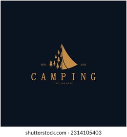 vintage and retro tent logo, camping. With tent, tree and bonfire sign. adventurers, scouts, climbers, camping equipment center