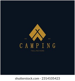 vintage and retro tent logo, camping. With tent, tree and bonfire sign. adventurers, scouts, climbers, camping equipment center