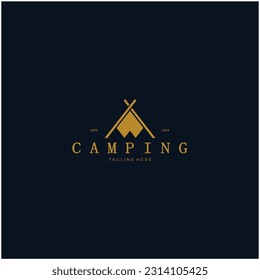 vintage and retro tent logo, camping. With tent, tree and bonfire sign. adventurers, scouts, climbers, camping equipment center